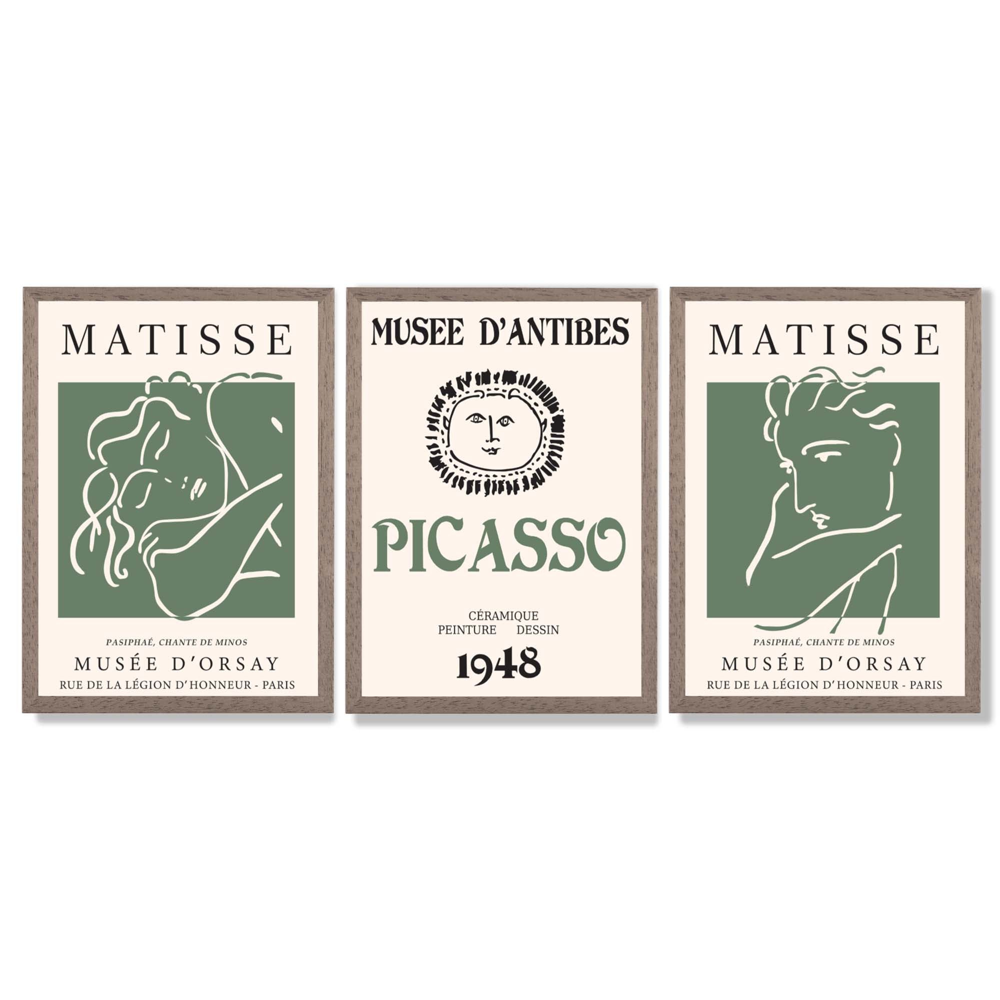 Matisse Picasso Abstract Faces Line Art Set of 3 Green Framed Wall Art with Light Walnut Frames