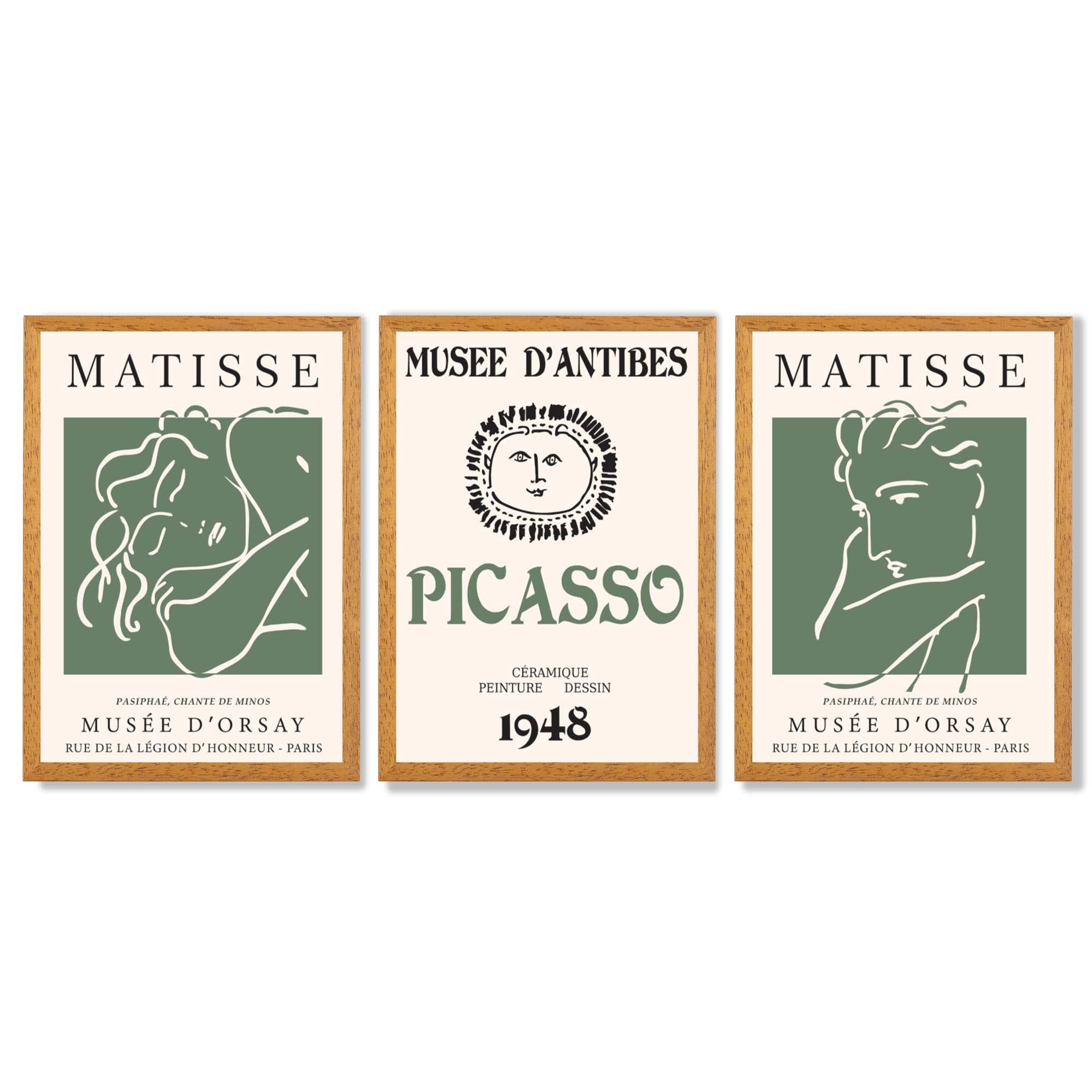 Matisse Picasso Abstract Faces Line Art Set of 3 Green Framed Wall Art with Oak Wooden Frames