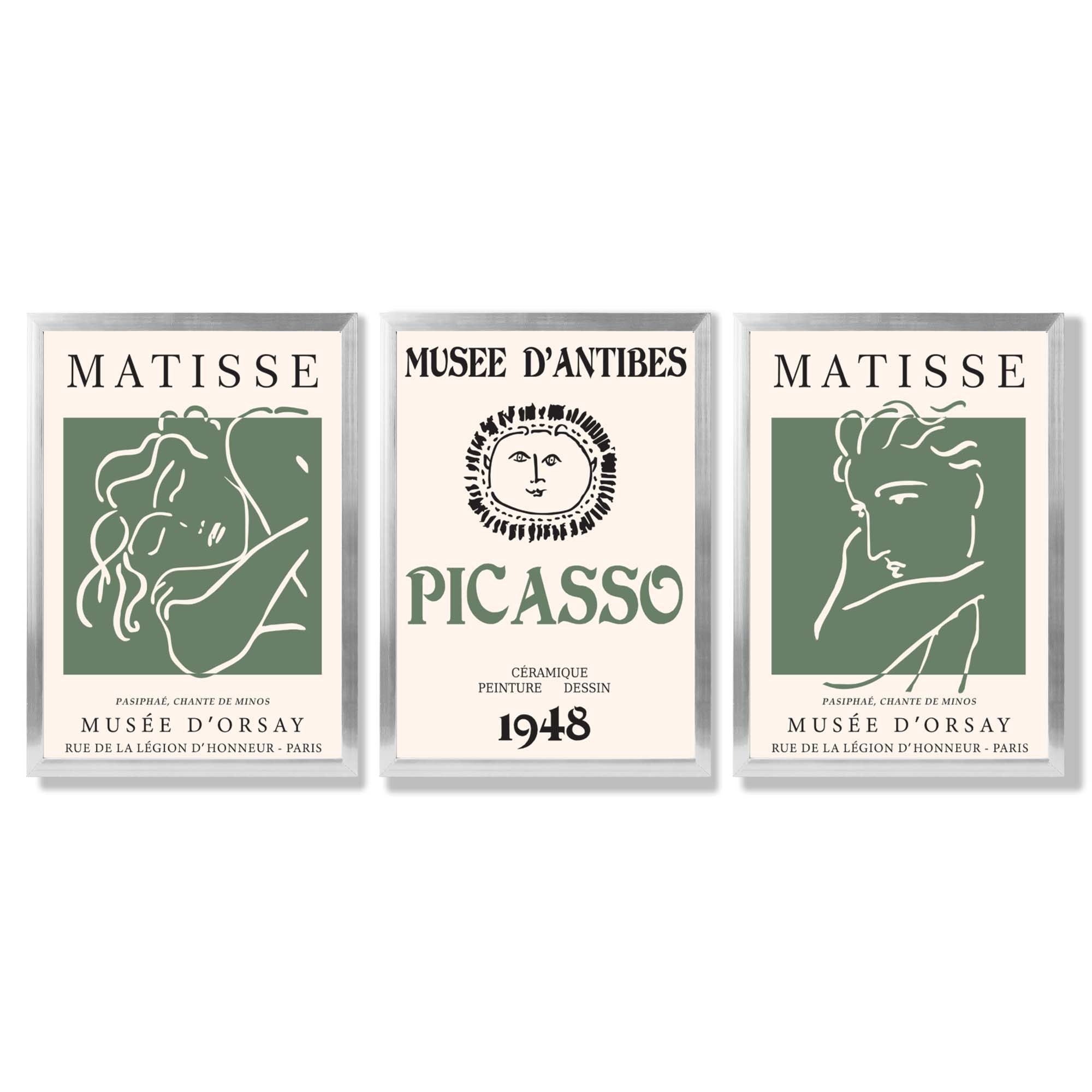 Matisse Picasso Abstract Faces Line Art Set of 3 Green Framed Wall Art with Silver Wood Frames