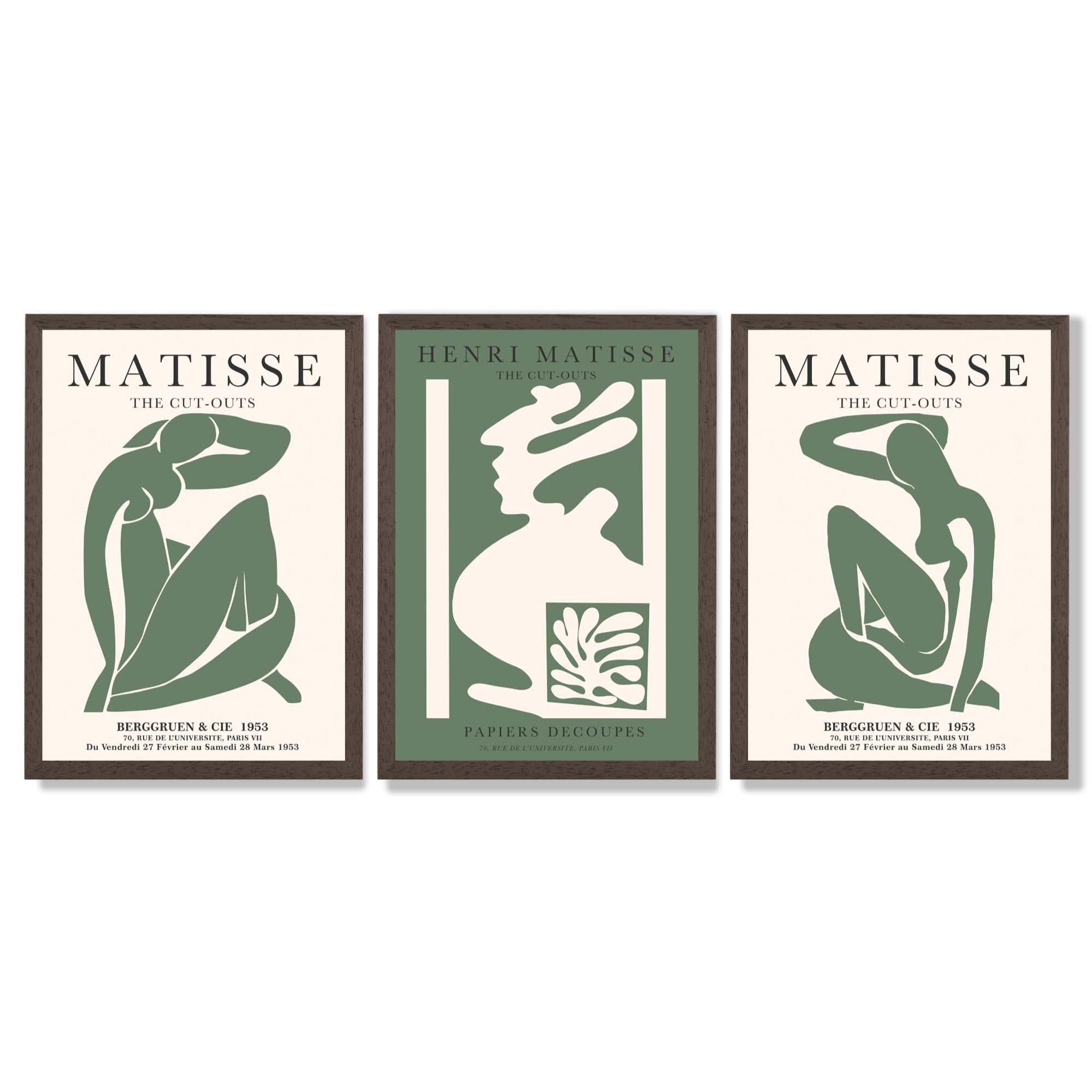 Matisse Abstract Silhouette Set of 3 Green Framed Wall Art with Dark Wood Frames