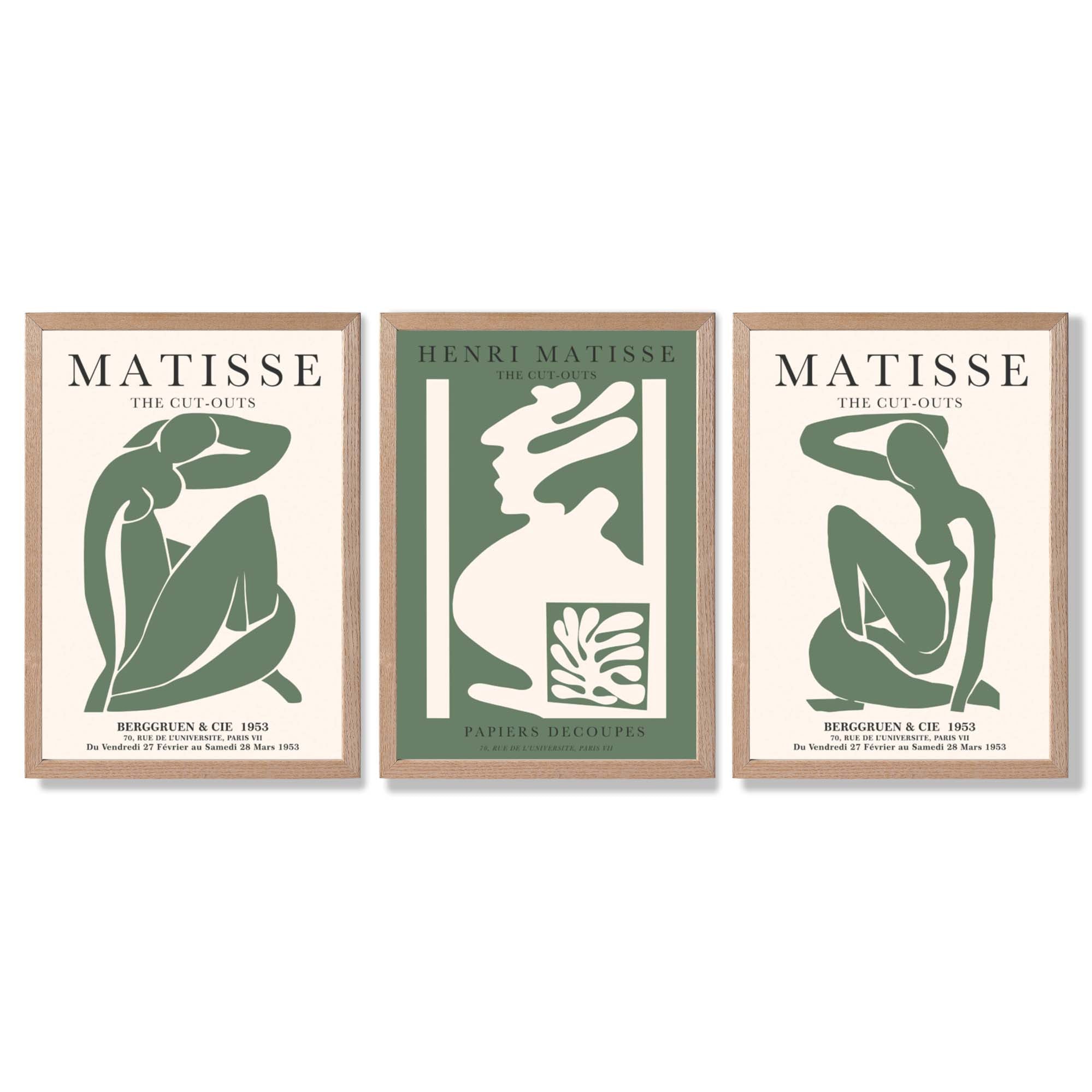Matisse Abstract Silhouette Set of 3 Green Framed Wall Art with Light Oak Frames