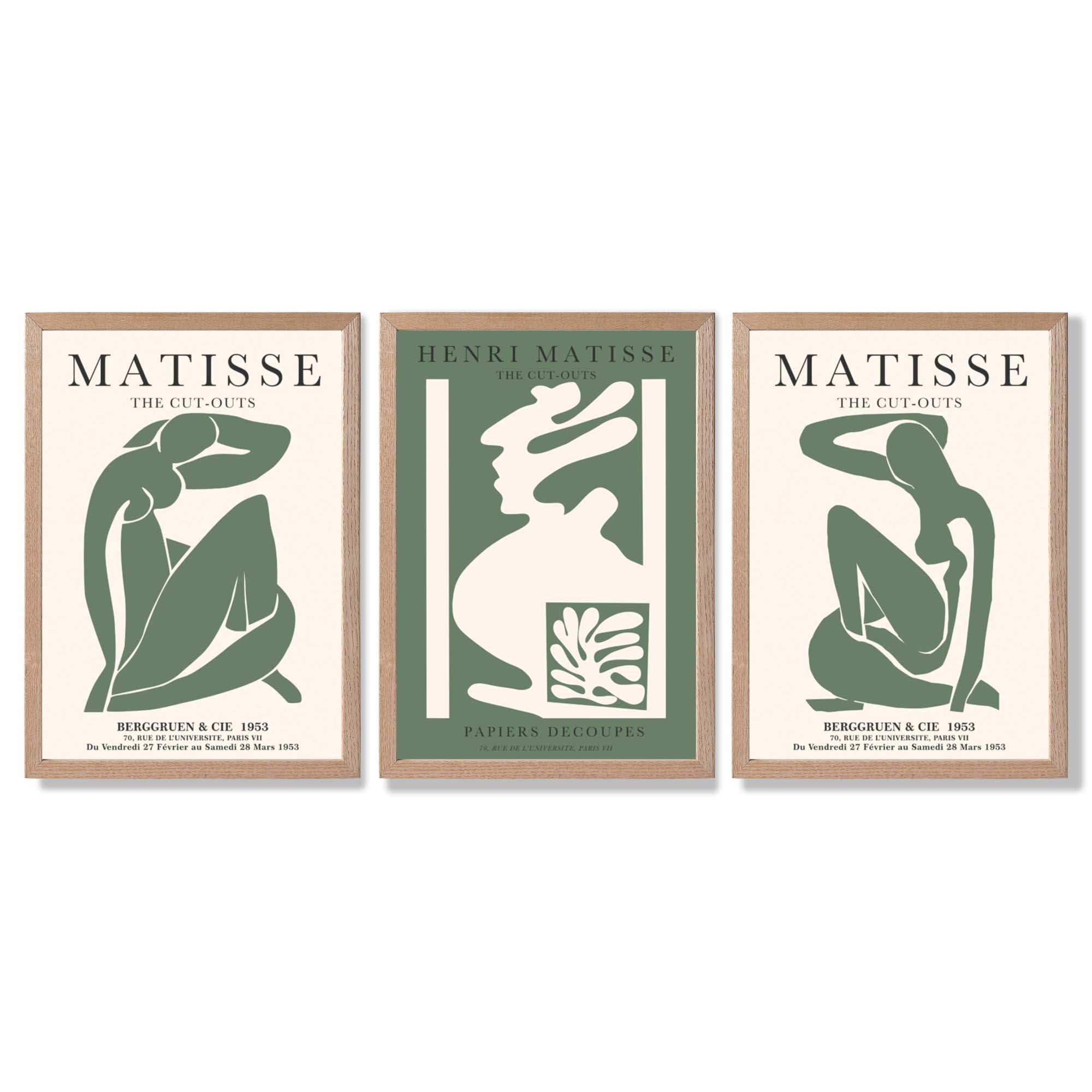 Matisse Abstract Silhouette Set of 3 Green Framed Wall Art with Light Oak Frames