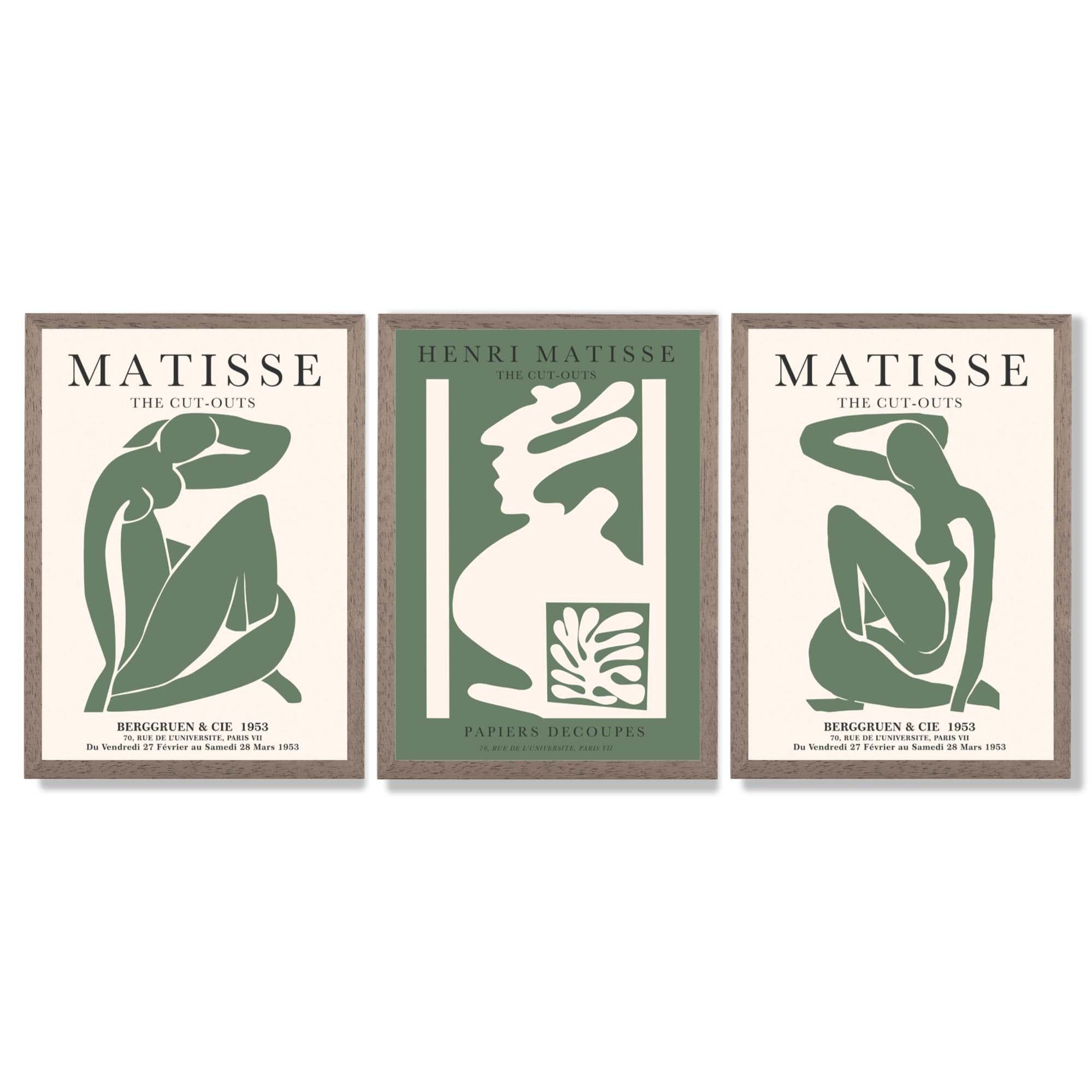 Matisse Abstract Silhouette Set of 3 Green Framed Wall Art with Light Walnut Frames