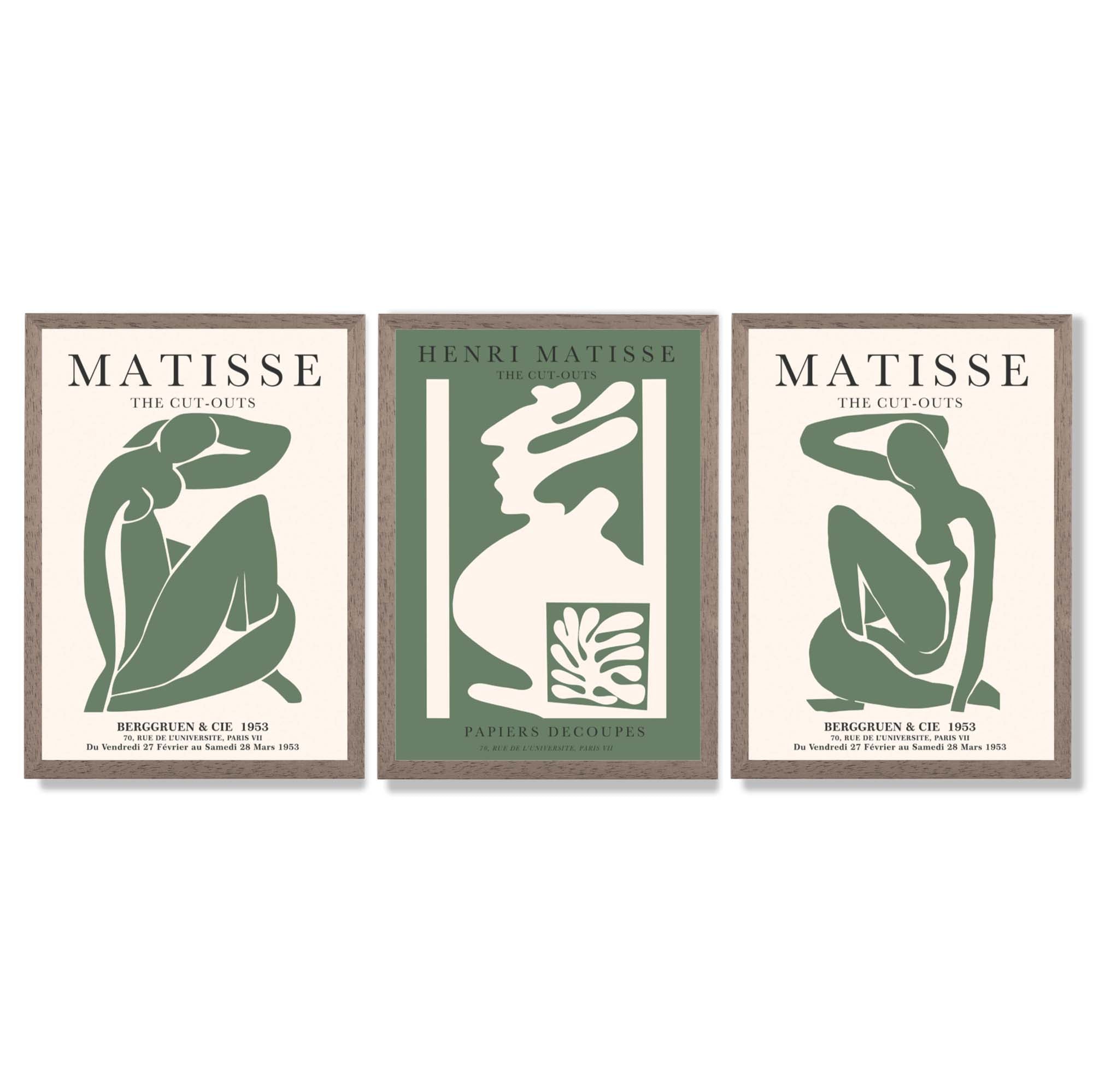 Matisse Abstract Silhouette Set of 3 Green Framed Wall Art with Light Walnut Frames
