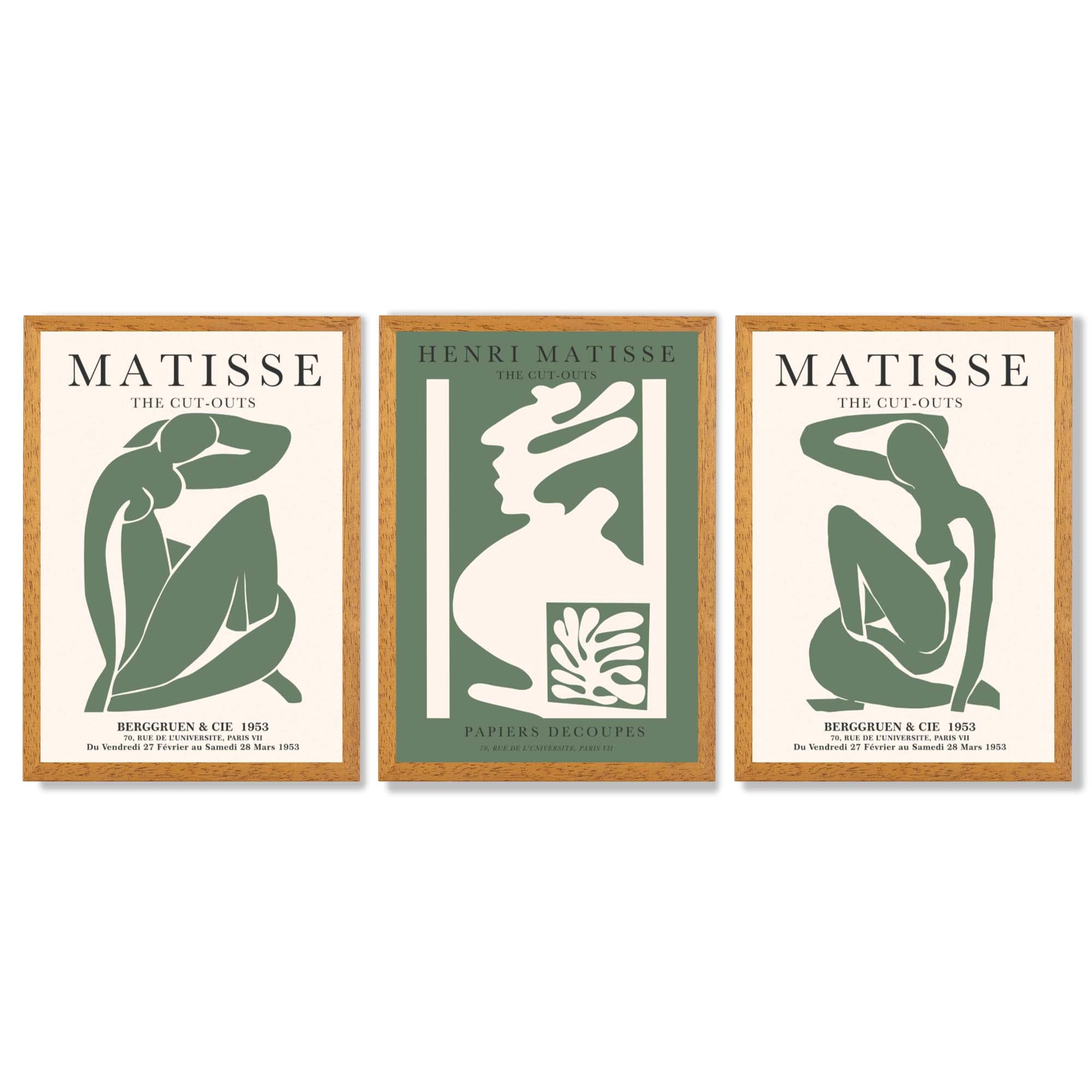Matisse Abstract Silhouette Set of 3 Green Framed Wall Art with Oak Wooden Frames