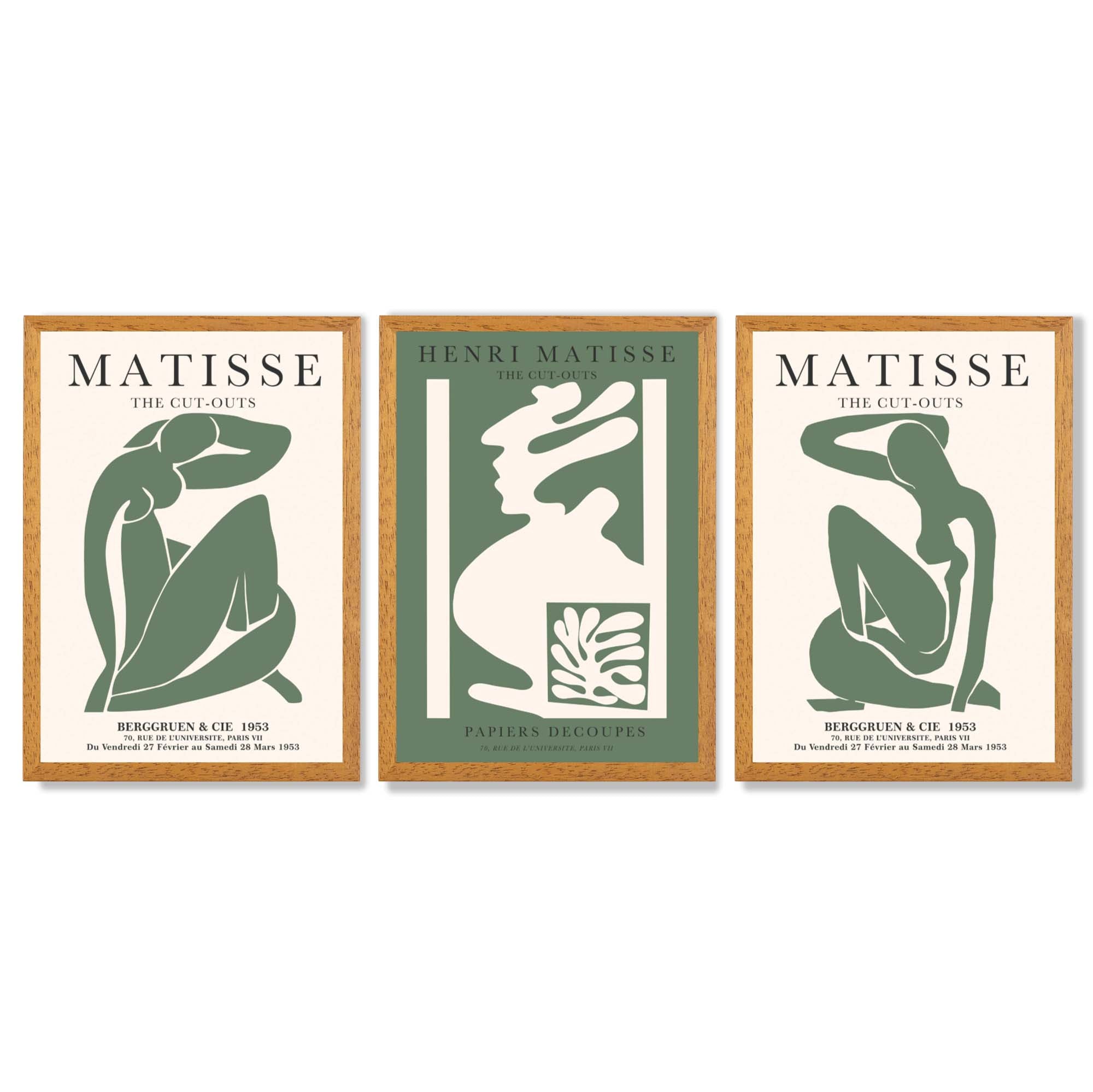 Matisse Abstract Silhouette Set of 3 Green Framed Wall Art with Oak Wooden Frames