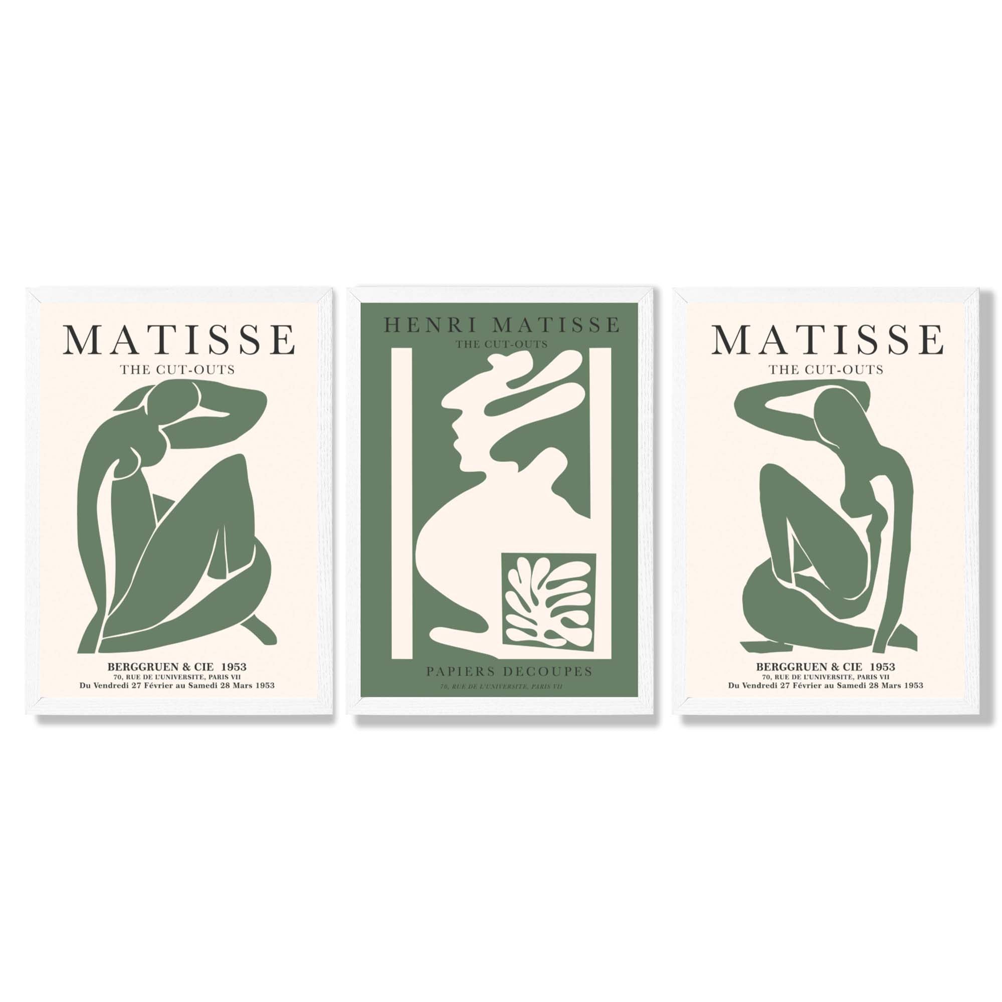 Matisse Abstract Silhouette Set of 3 Green Framed Wall Art with White Wooden Frames