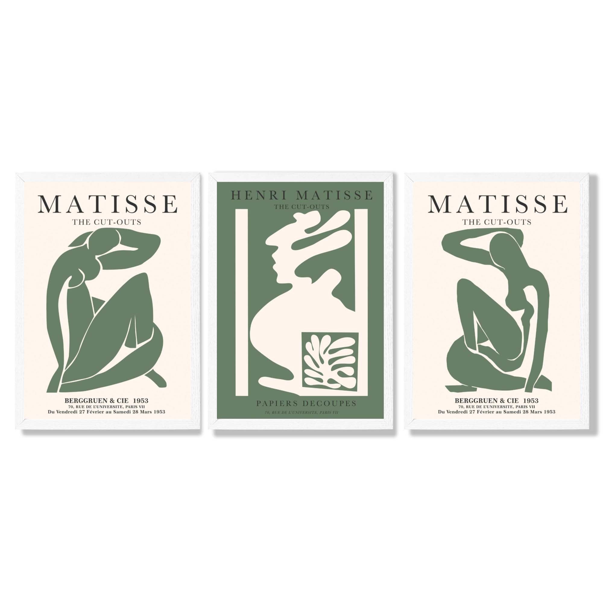 Matisse Abstract Silhouette Set of 3 Green Framed Wall Art with White Wooden Frames