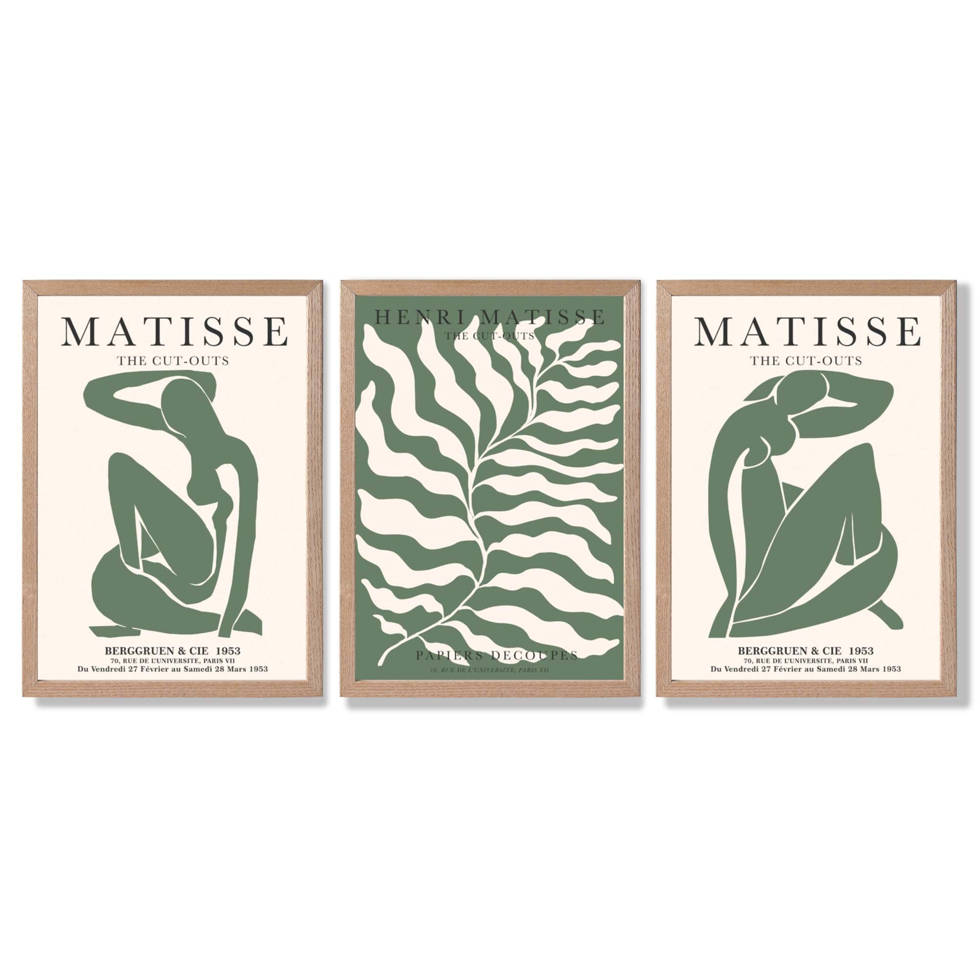 Matisse Female Silhouette and Botanical Set of 3 Green Framed Wall Art with Light Oak Frames