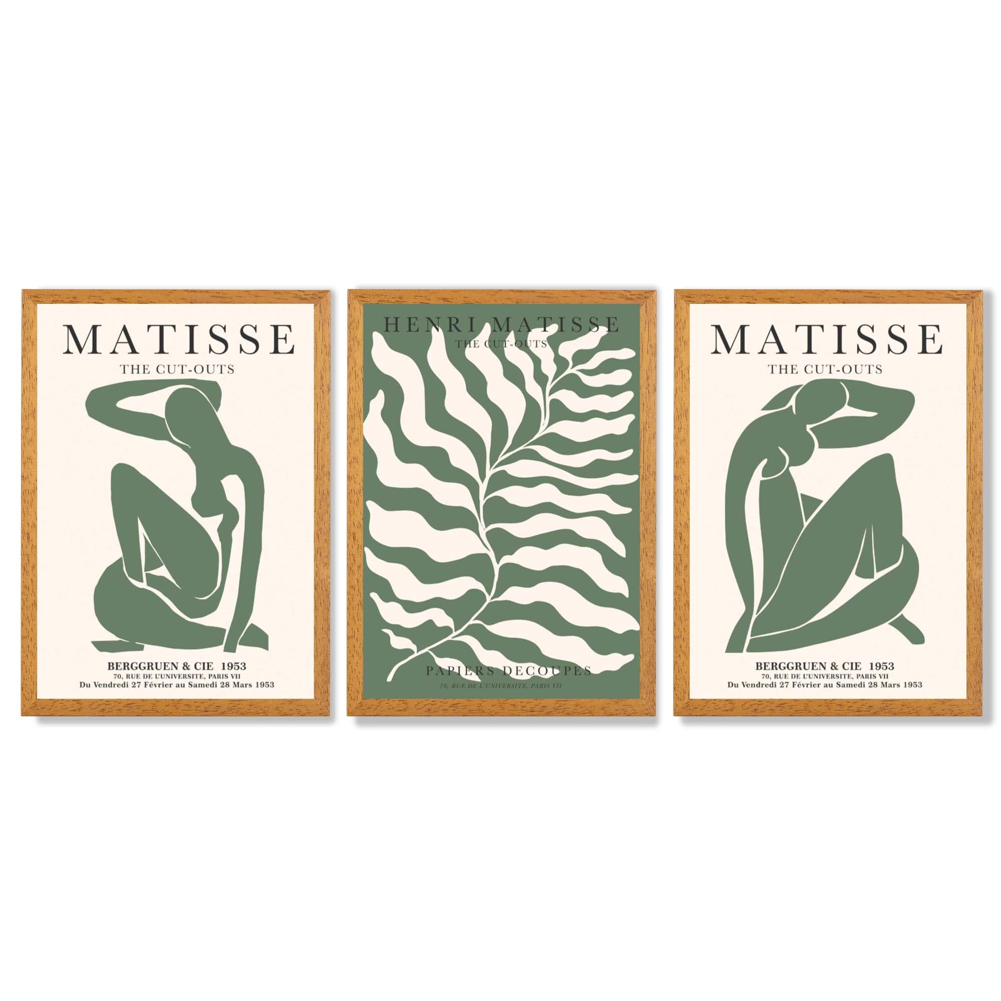 Matisse Female Silhouette and Botanical Set of 3 Green Framed Wall Art with Oak Wooden Frames