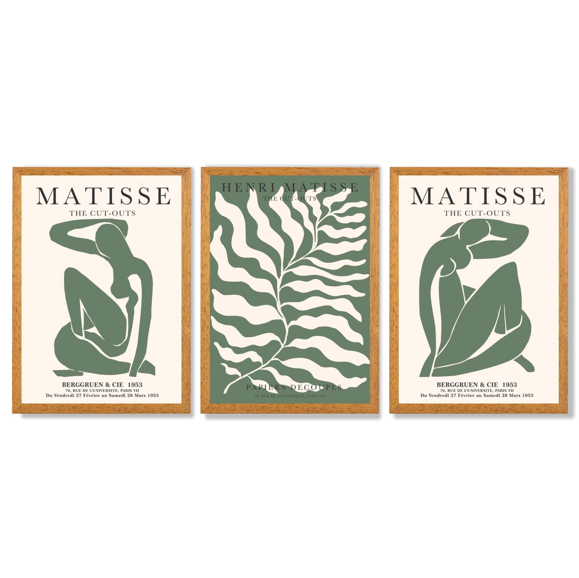 Matisse Female Silhouette and Botanical Set of 3 Green Framed Wall Art with Oak Wooden Frames