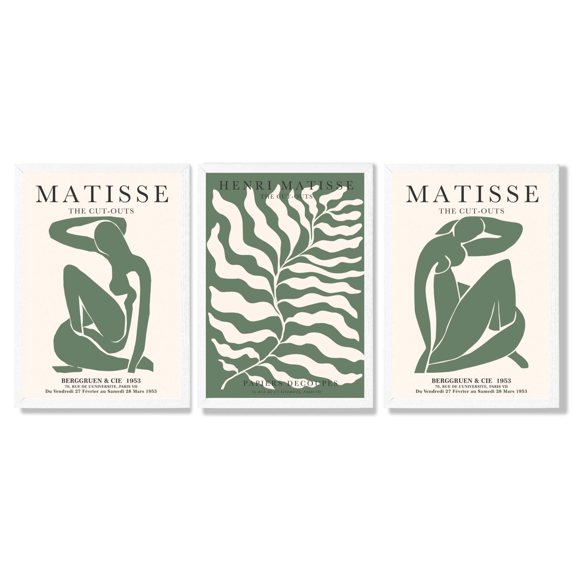 Matisse Female Silhouette and Botanical Set of 3 Green Framed Wall Art with White Wooden Frames