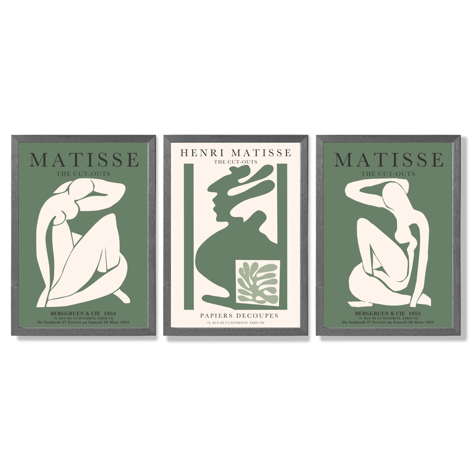 Set of 3 Abstract Matisse Silhouette Green Framed Wall Art with Dark Grey Wooden Frames
