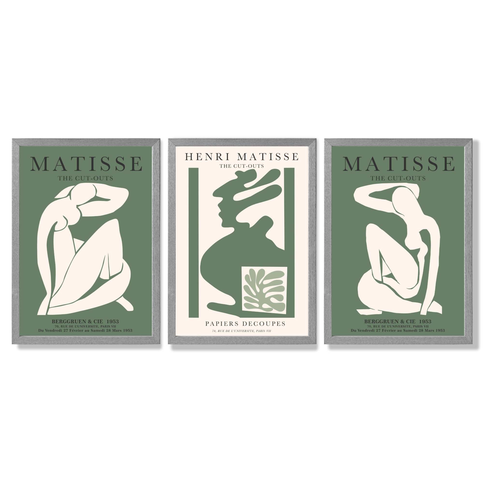 Set of 3 Abstract Matisse Silhouette Green Framed Wall Art with Light Grey Wooden Frames
