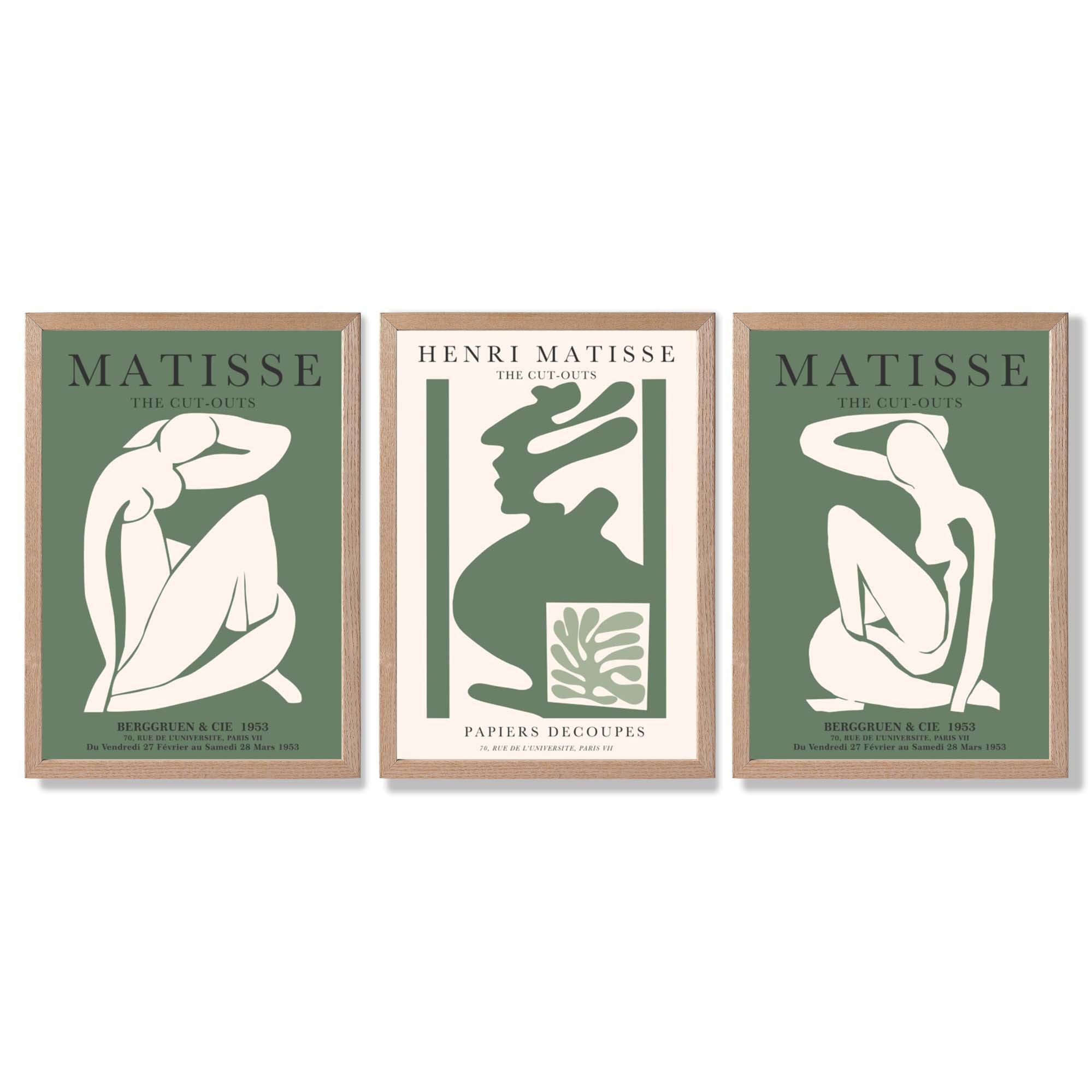 Set of 3 Abstract Matisse Silhouette Green Framed Wall Art with Light Oak Frames