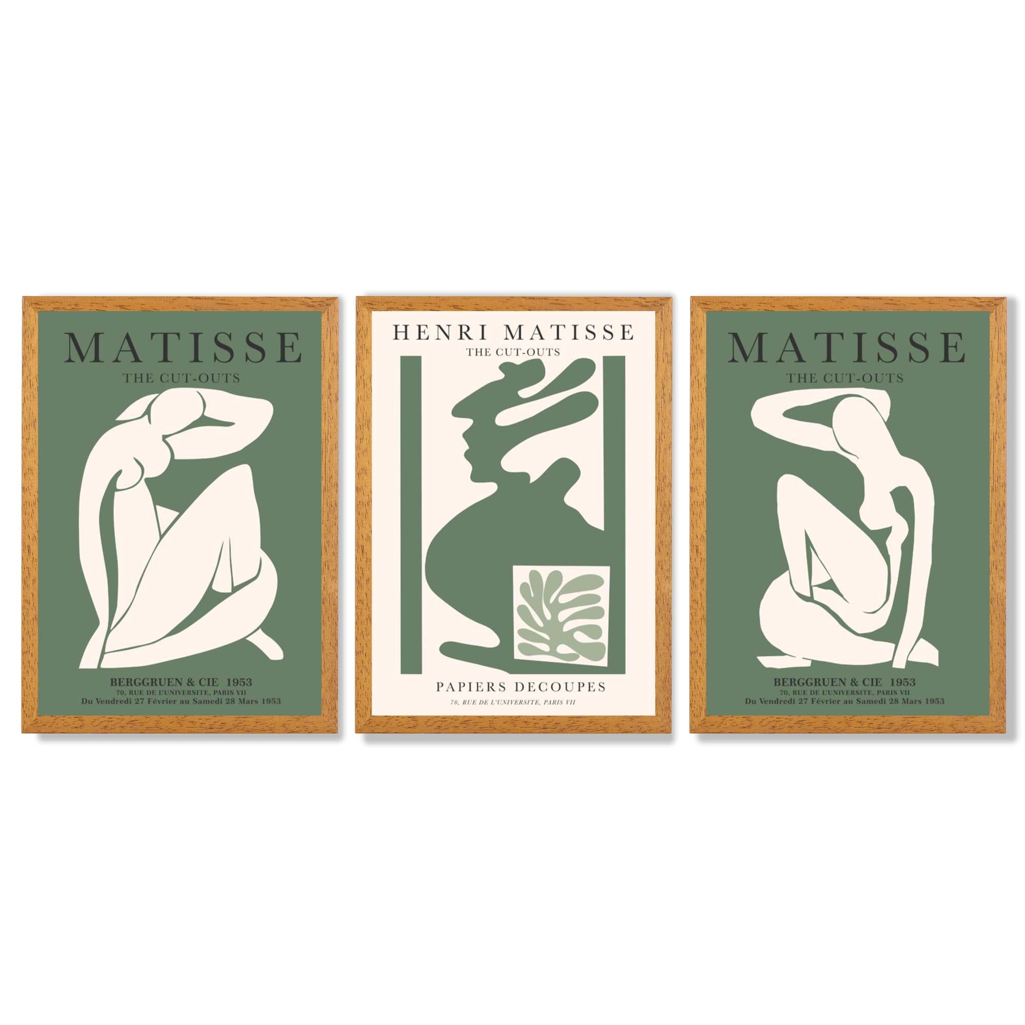 Set of 3 Abstract Matisse Silhouette Green Framed Wall Art with Oak Wooden Frames