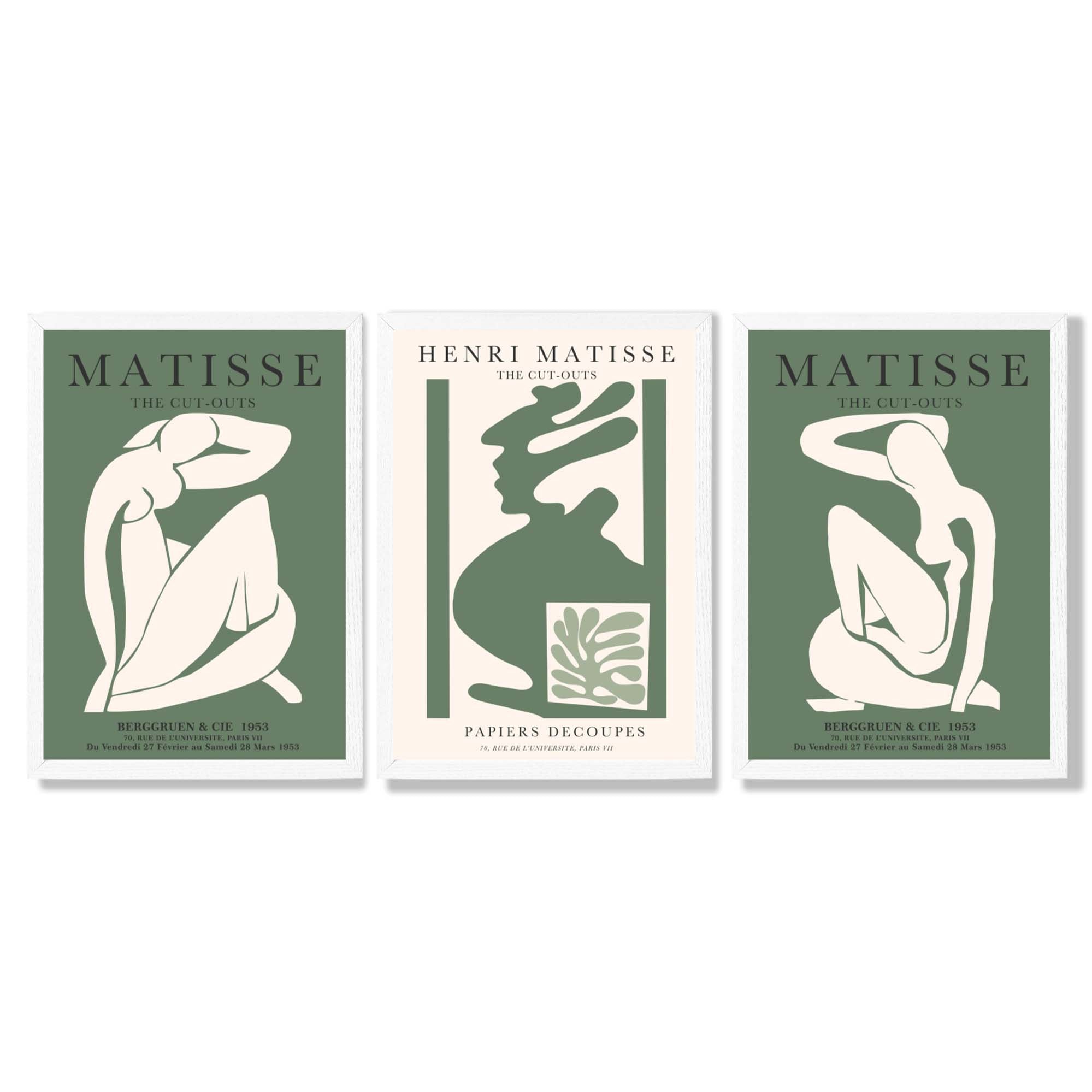 Set of 3 Abstract Matisse Silhouette Green Framed Wall Art with White Wooden Frames