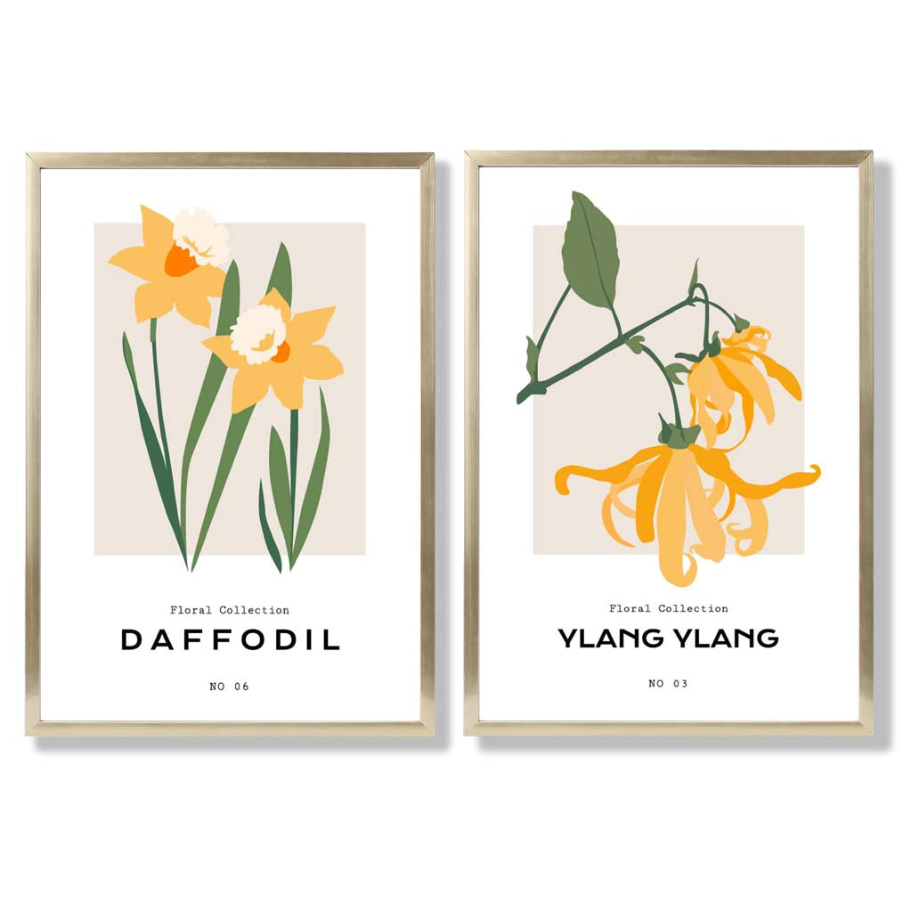 Yellow Daffodil Flower Illustration Set of 2 Art Prints with Gold Frame