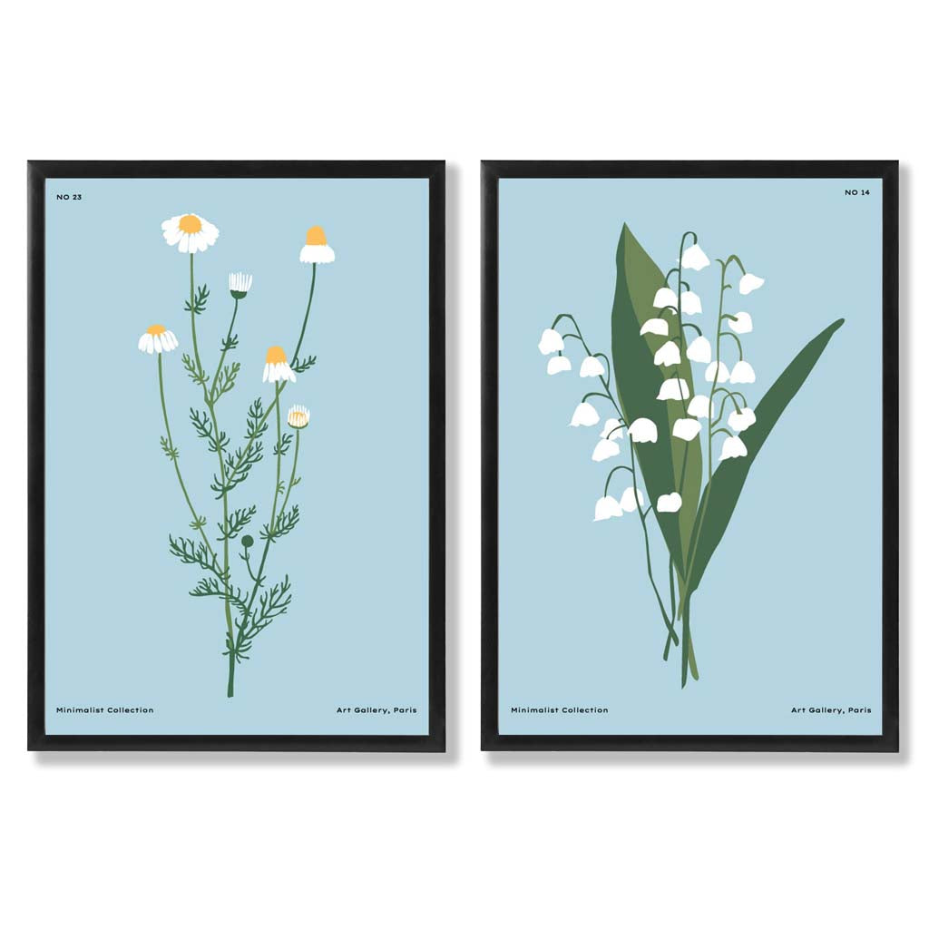 Blue Wild Flower Illustration Set of 2 Art Prints with Black Frame