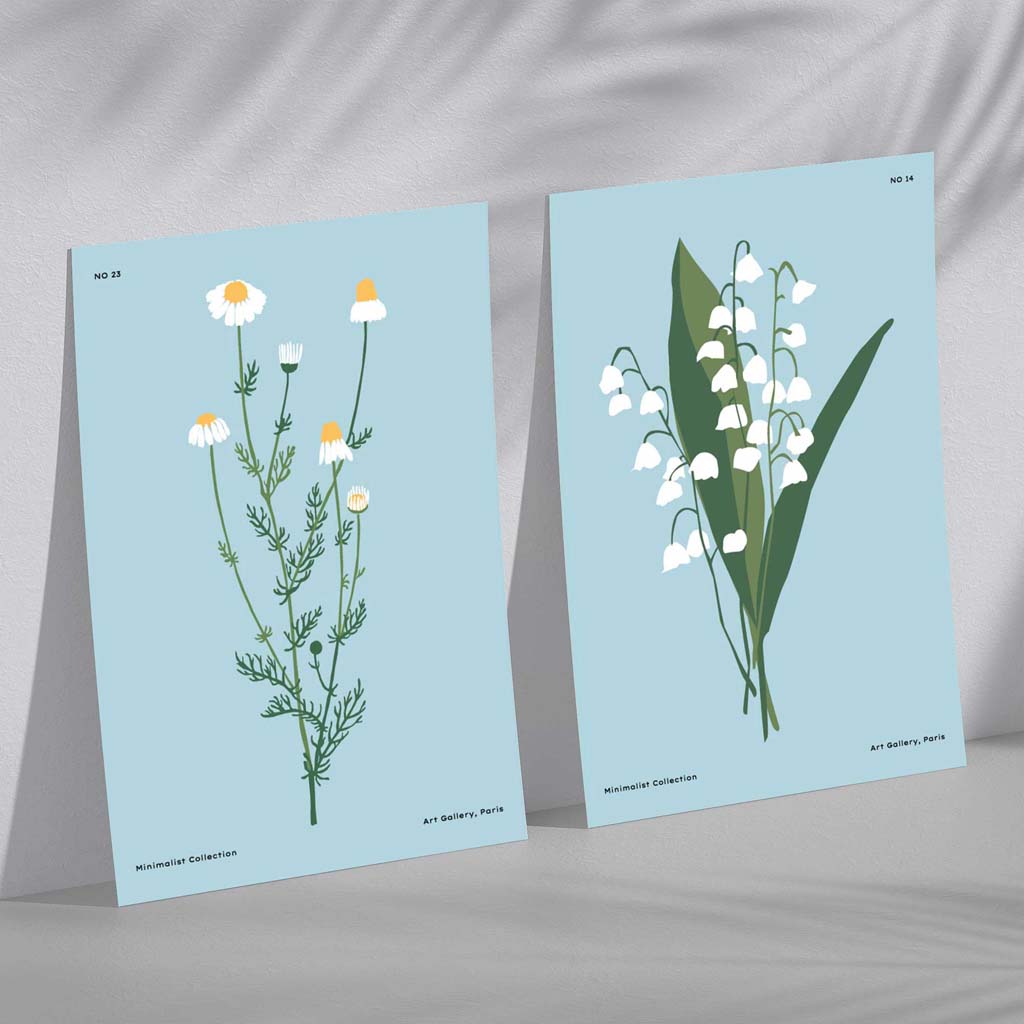 Blue Wild Flower Illustration Set of 2 Art Prints