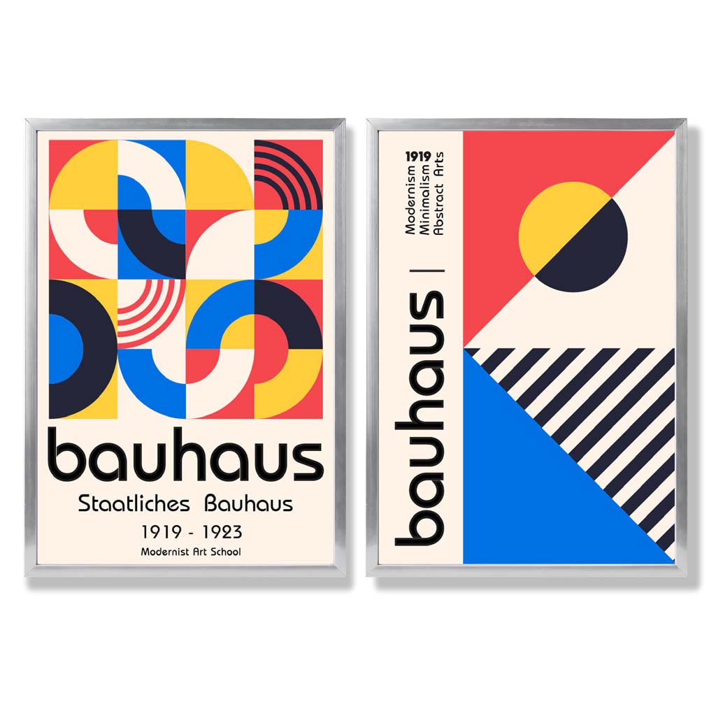 Bauhaus Red and Blue Mid Century Set of 2 Art Prints with Silver Frame