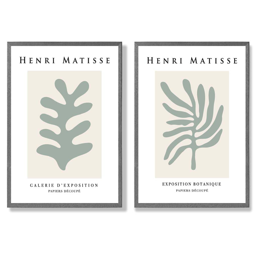 Matisse Botanical in Sage Green Set of 2 Art Prints with Dark Grey Frame
