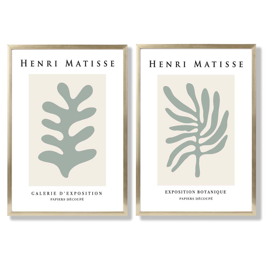 Matisse Botanical in Sage Green Set of 2 Art Prints with Gold Frame