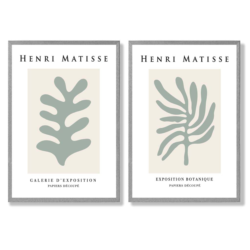 Matisse Botanical in Sage Green Set of 2 Art Prints with Light Grey Frame