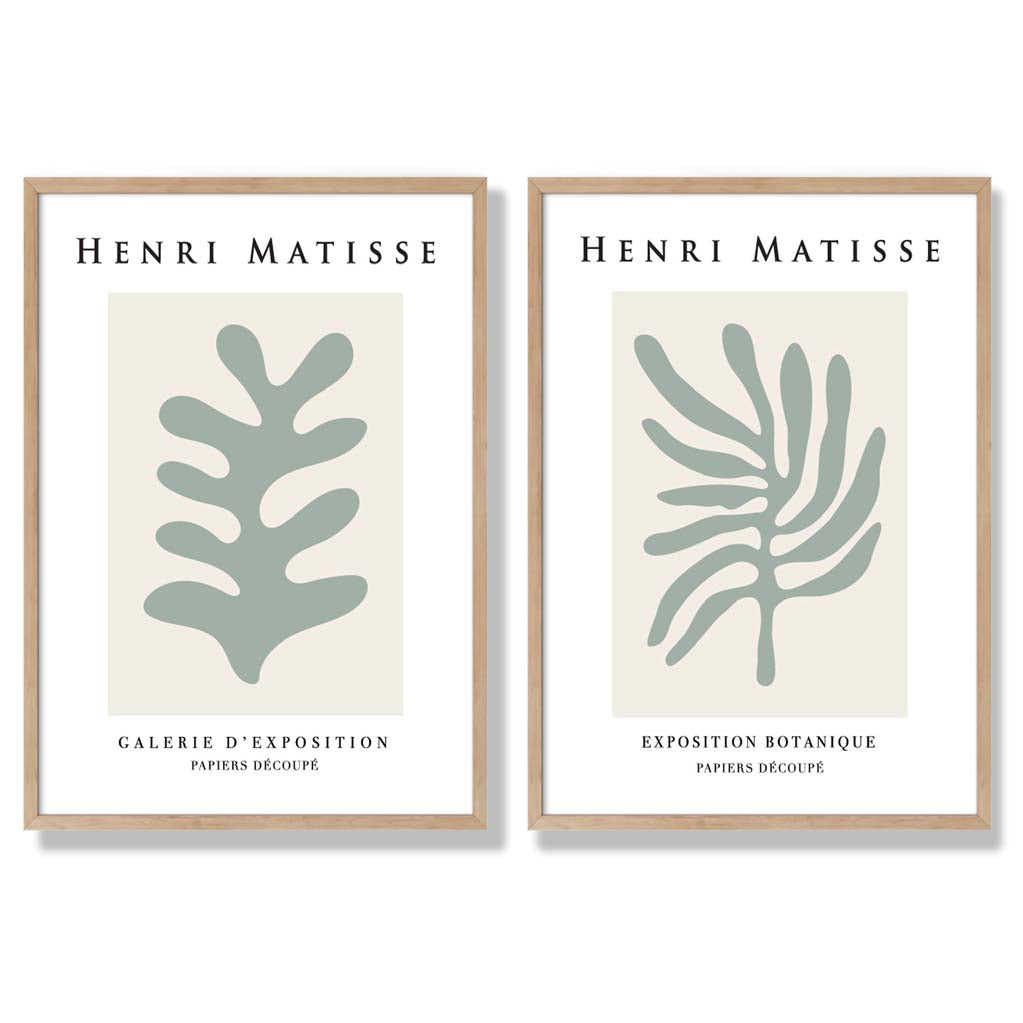 Matisse Botanical in Sage Green Set of 2 Art Prints with Oak Frame