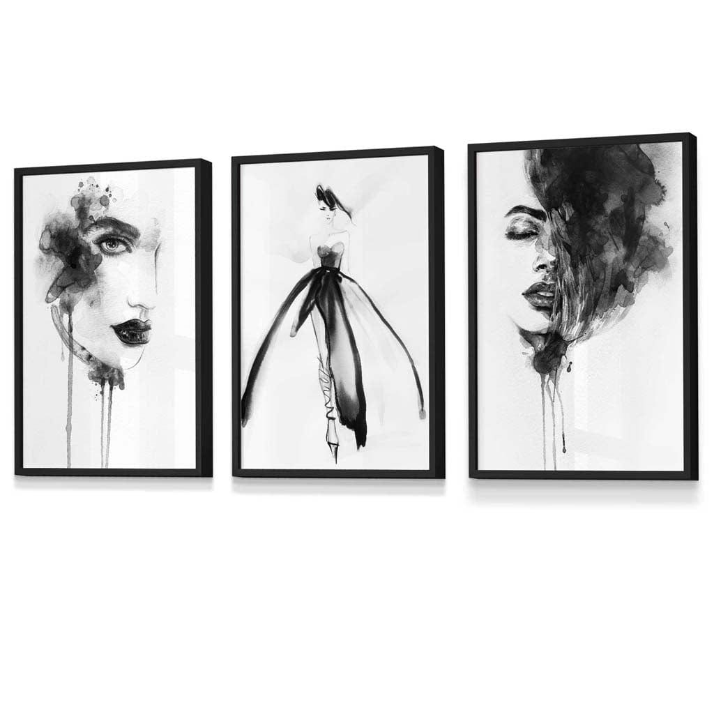 Set of 3 Framed Fashion Wall Art Prints from Watercolour Illustrations | Artze Wall Art UK