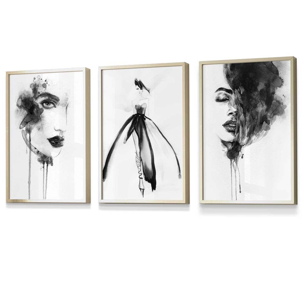 Set of 3 Framed Fashion Wall Art Prints from Watercolour Illustrations | Artze Wall Art UK