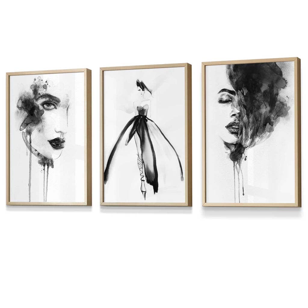 Set of 3 Framed Fashion Wall Art Prints from Watercolour Illustrations | Artze Wall Art UK