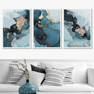 Set of 3 Abstract Wall Art Prints of Paintings Teal Blue and Gold