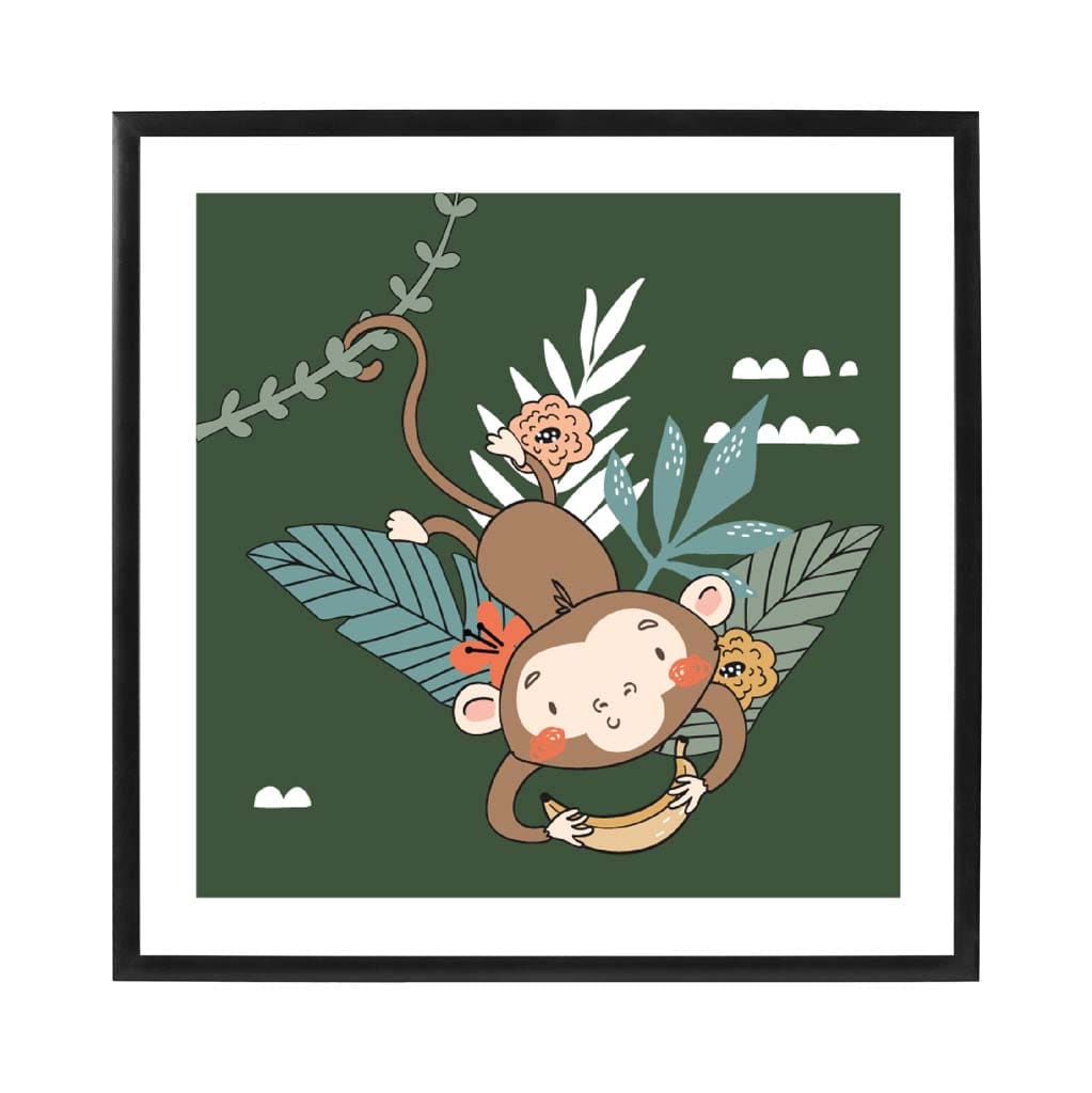 Cute Monkey Poster on Dark Green Jungle Kids Wall Art