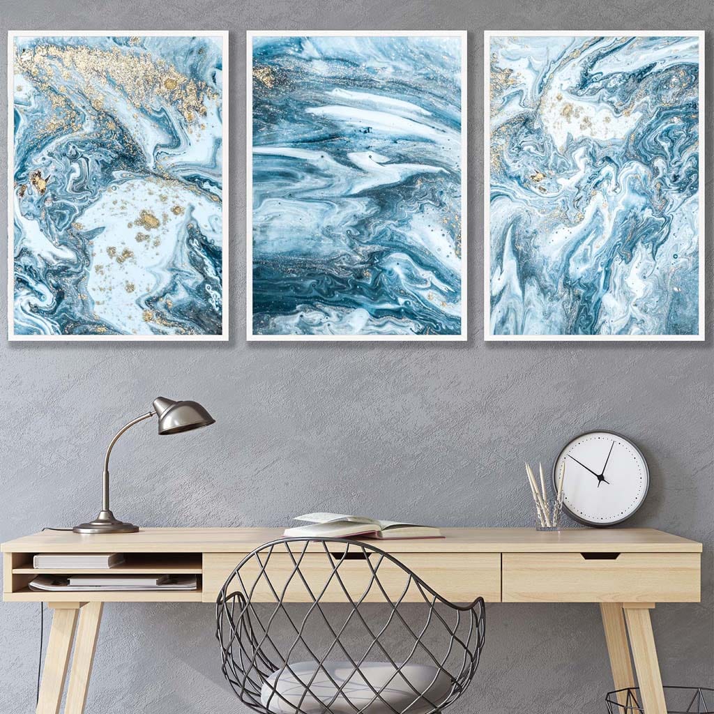 Abstract Teal Blue and Gold Ocean Wall Art Set of 3 Prints