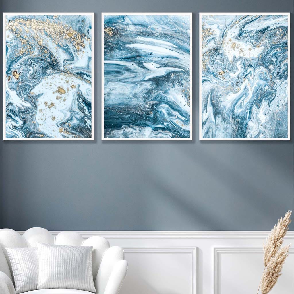 Abstract Teal Blue and Gold Ocean Wall Art Set of 3 Prints