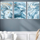 Abstract Teal Blue and Gold Ocean Wall Art Set of 3 Prints