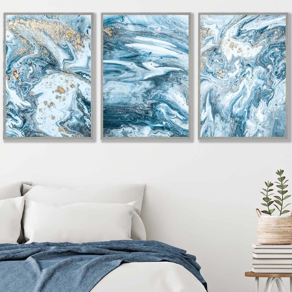 Abstract Teal Blue and Gold Ocean Wall Art Set of 3 Prints