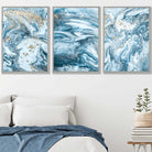 Abstract Teal Blue and Gold Ocean Wall Art Set of 3 Prints