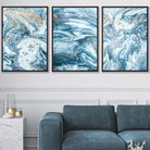 Abstract Teal Blue and Gold Ocean Wall Art Set of 3 Prints