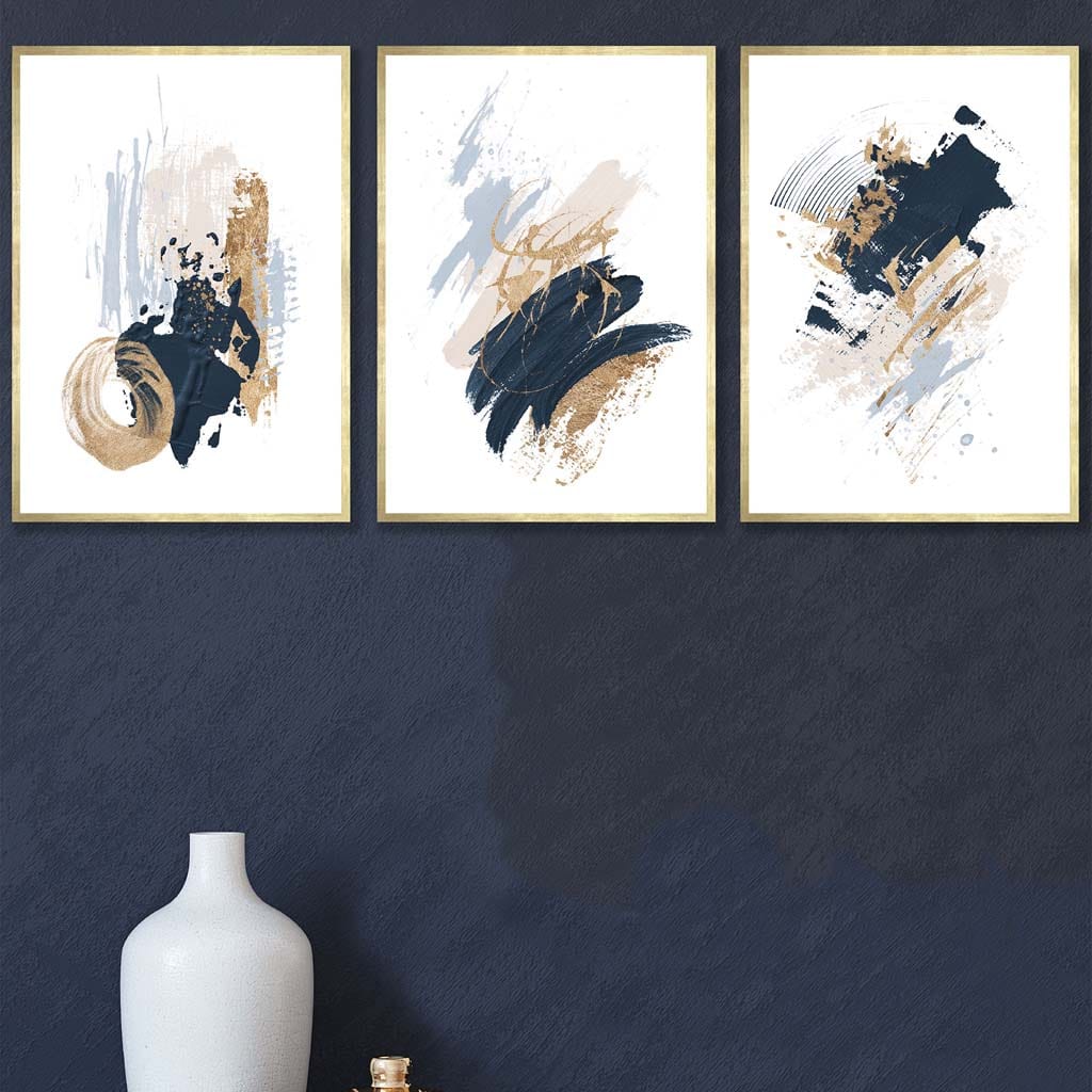 Set of 3 Abstract Posters from Oil Paintings in Blue and Gold