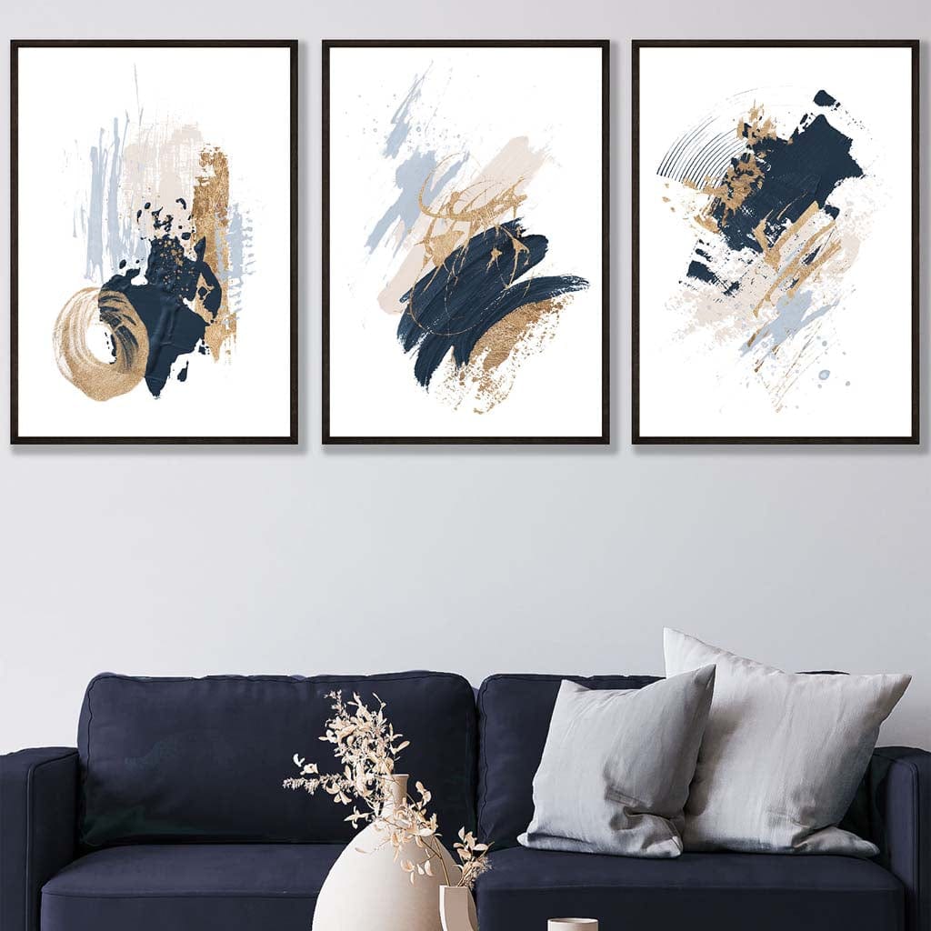 Set of 3 Abstract Posters from Oil Paintings in Blue and Gold