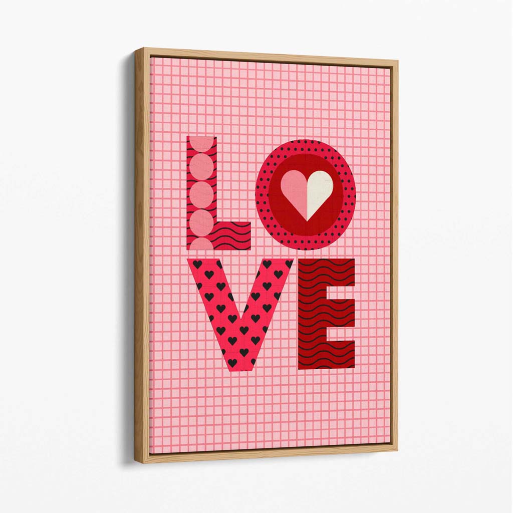 Retro Patterned LOVE Canvas Art Print with Oak Float Frame