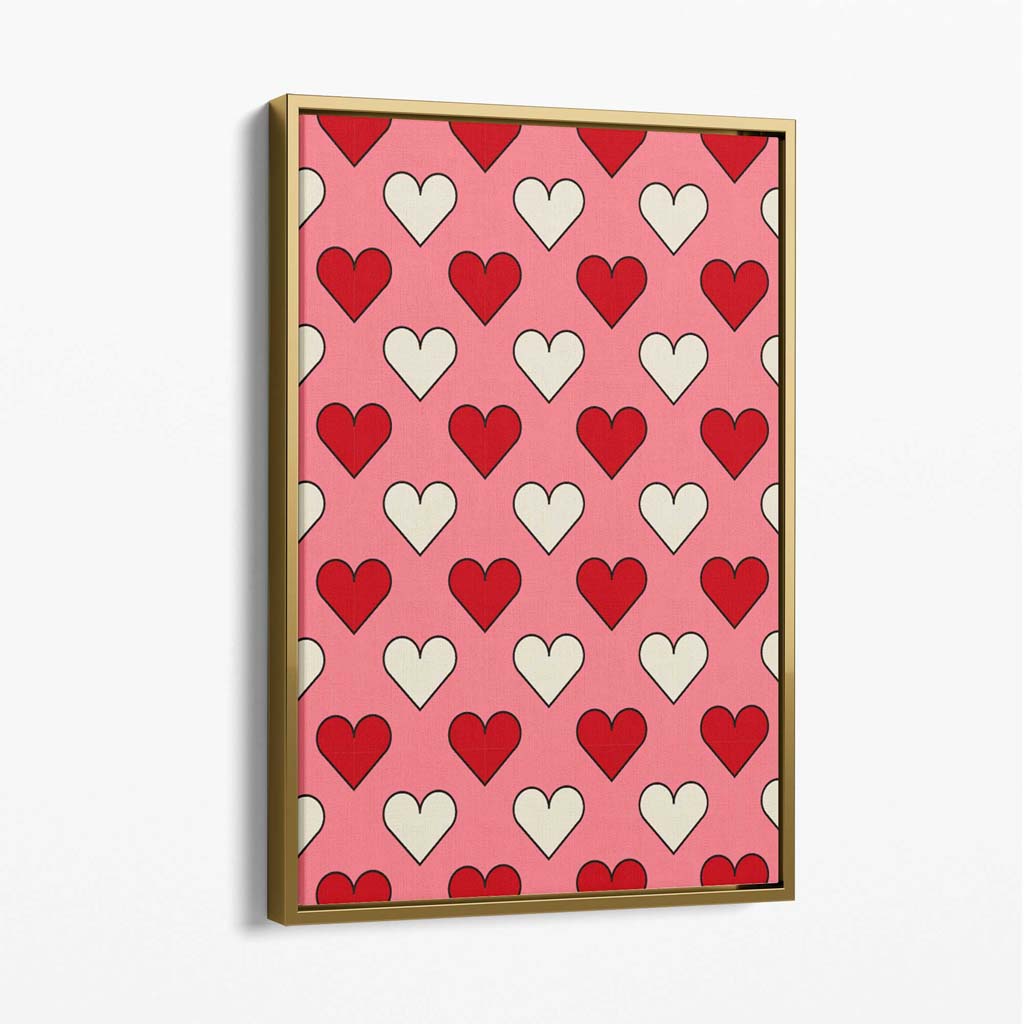 Retro Patterned Hearts Canvas Art Print with Gold Float Frame