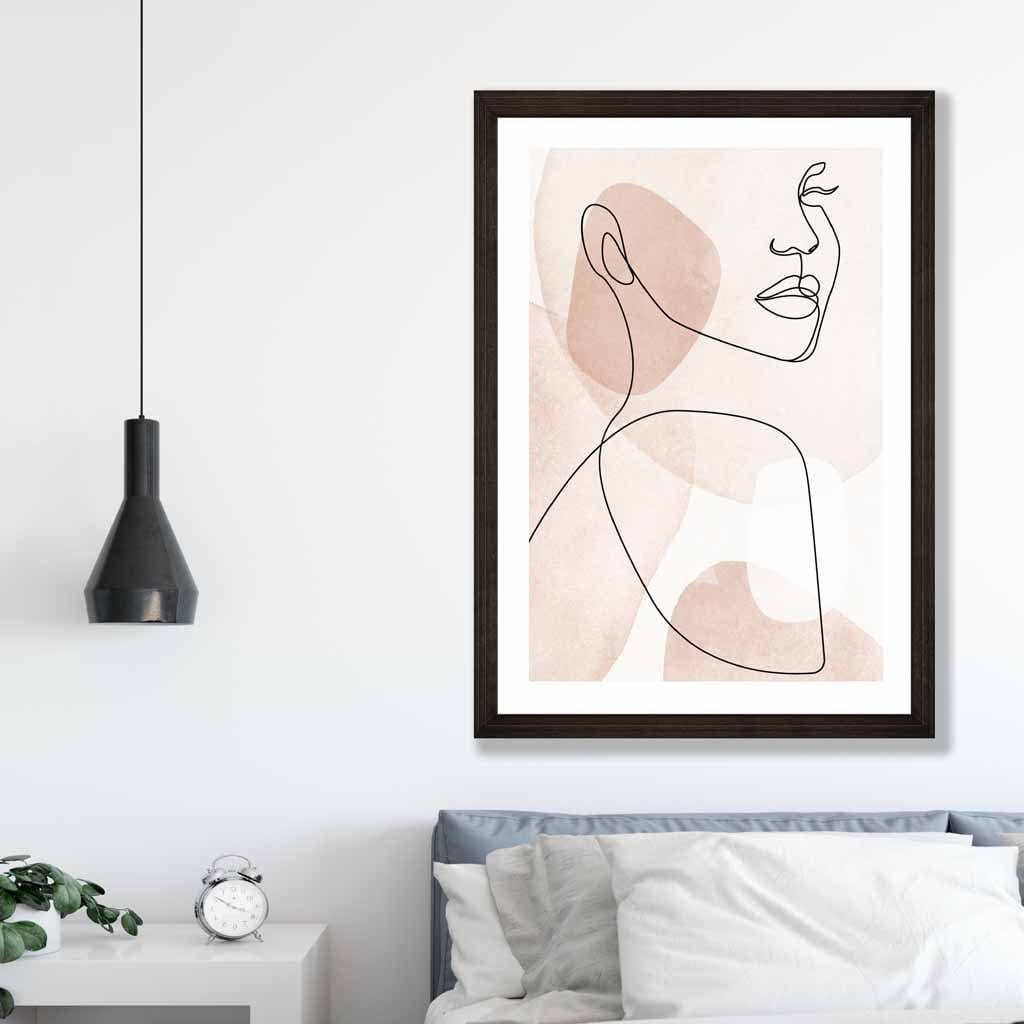 Coral Pink Abstract Line Art Female Face Art Poster No 1