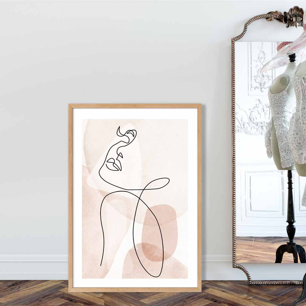 Coral Pink Abstract Line Art Female Face Art Poster No 3