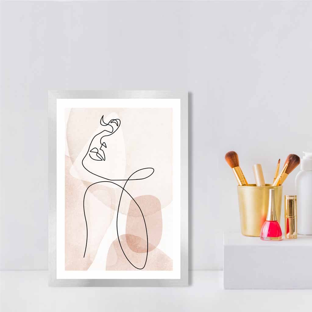 Coral Pink Abstract Line Art Female Face Art Poster No 3