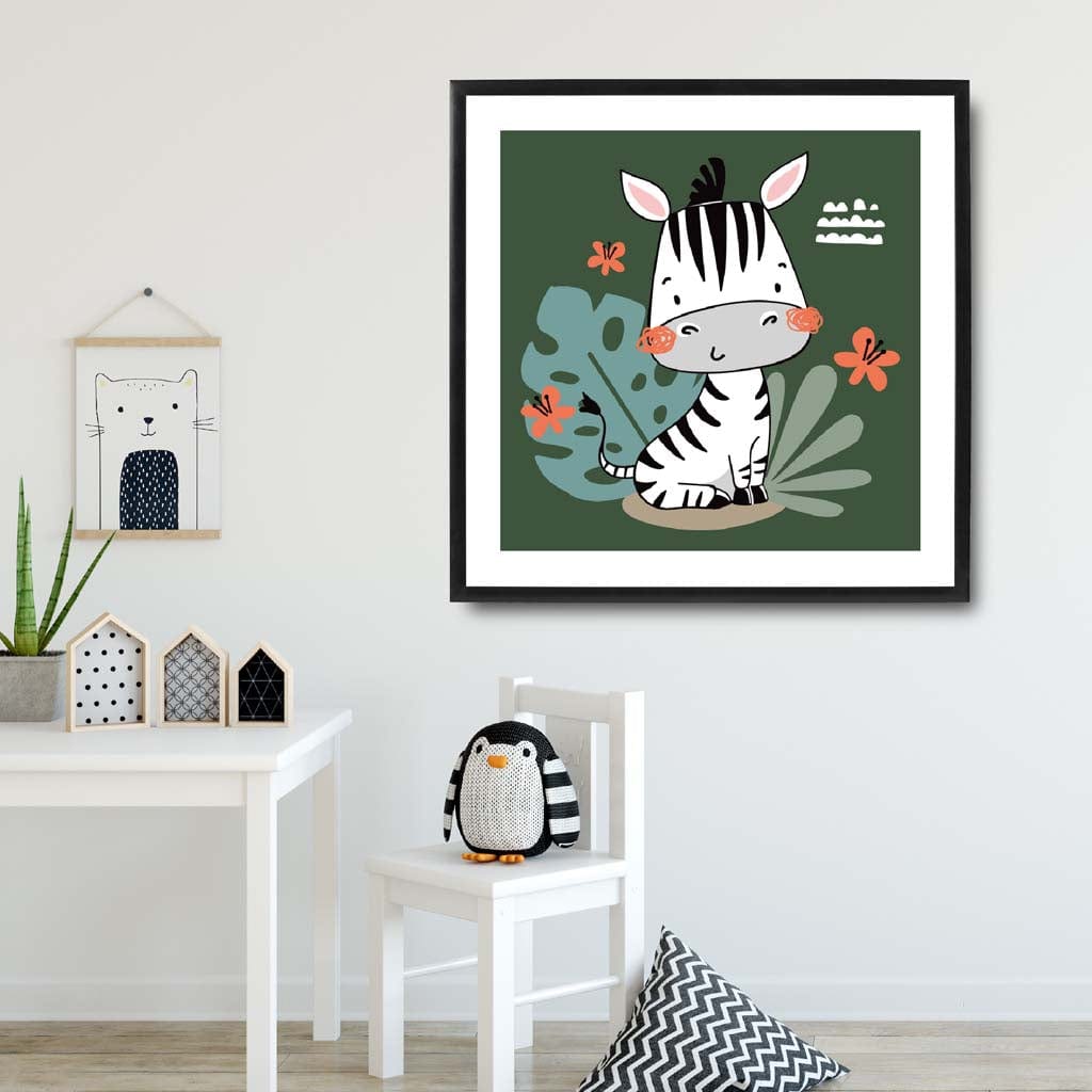 Cute Zebra Poster on Dark Green Jungle Kids Wall Art