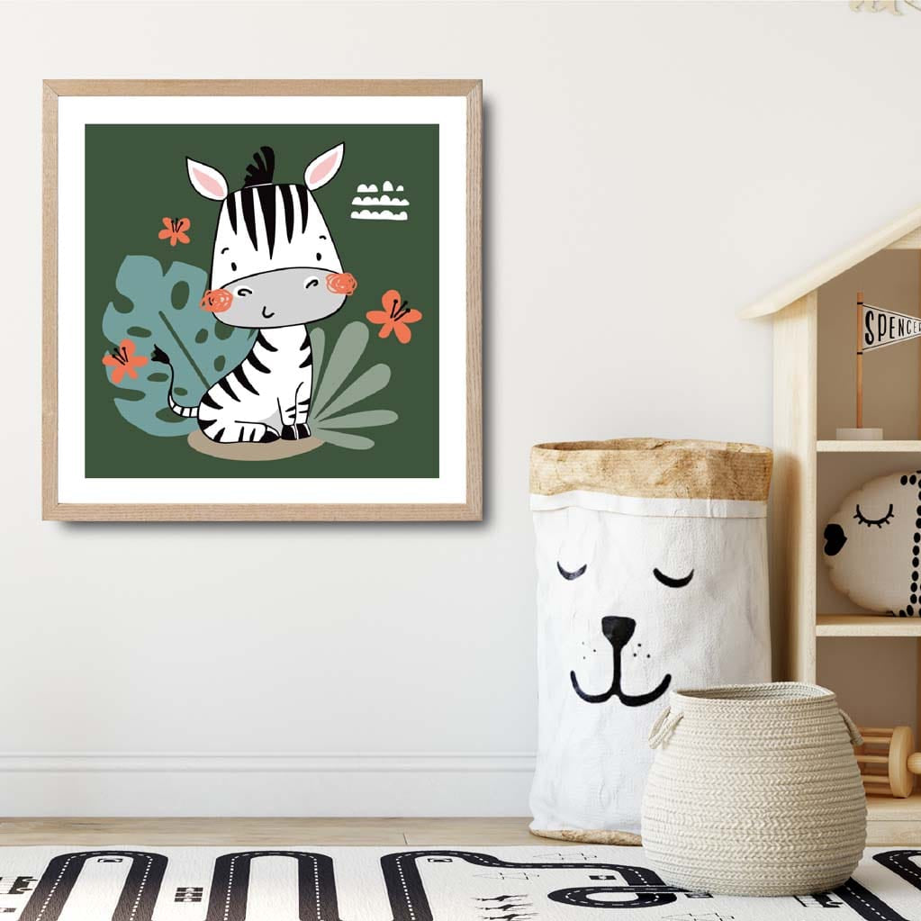 Cute Zebra Poster on Dark Green Jungle Kids Wall Art