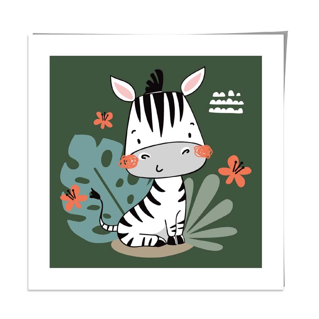 Cute Zebra Poster on Dark Green Jungle Kids Wall Art